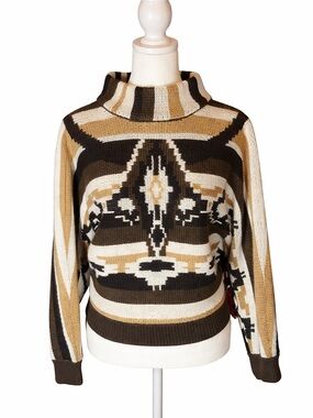 Aztec Pattern Turtleneck Sweater in Olive, Cream & Tan